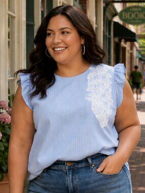 Lane Bryant Ruffle Cap Sleeve Striped Top 18 (2X) Applique Crew Neck LNWOT